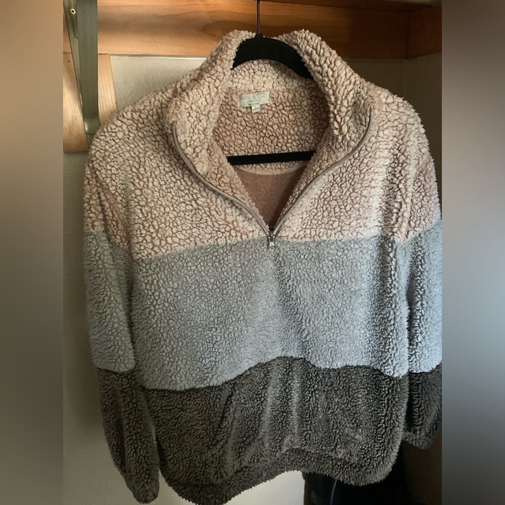 Wide Stripe Color Block Sherpa Pullover Size L